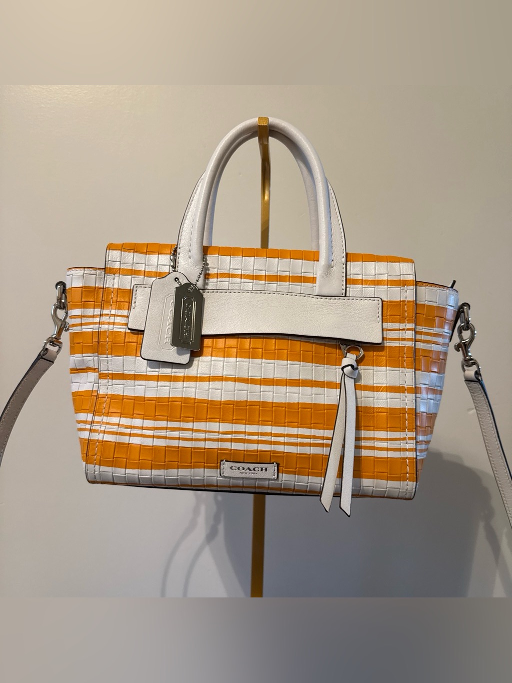 Coach Bleeker Mini Riley Carryall White & Orange Woven Leather